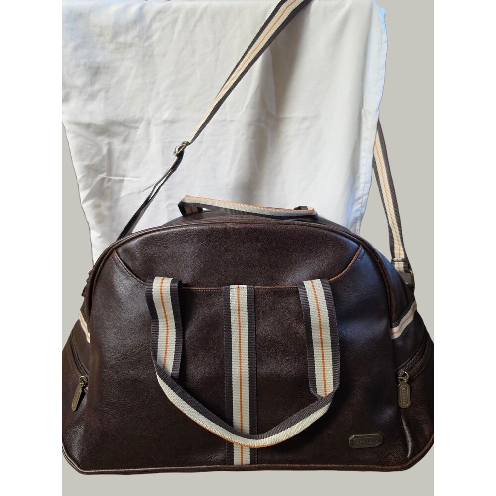 Vtg Aramis Faux Leather Duffle Bag Brown Weekender Gym Travel Bag Stripe Strap